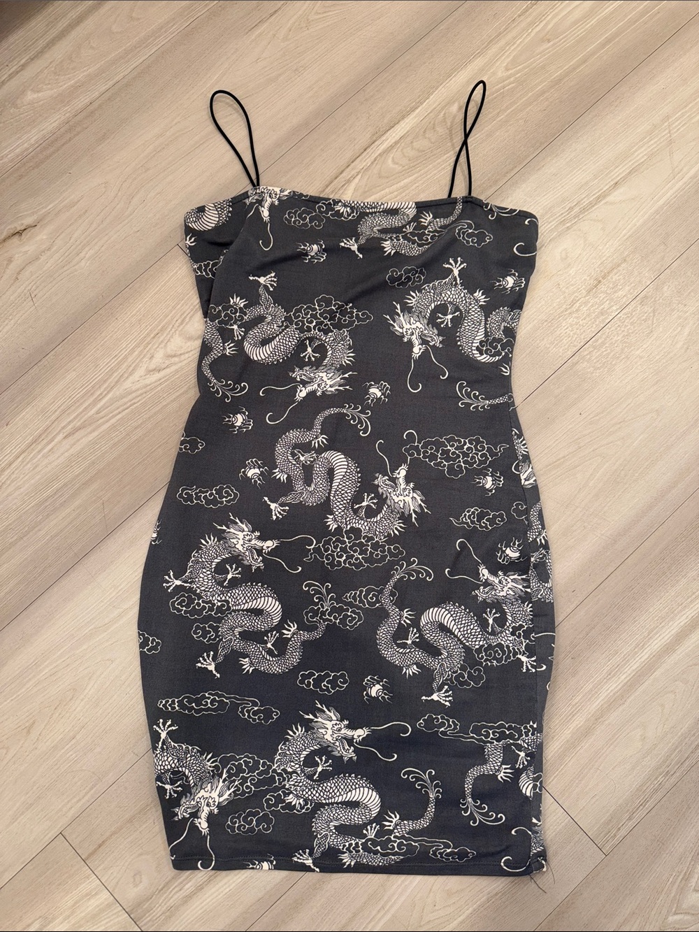 Black Dragon Print Mini Dress with Spaghetti Straps